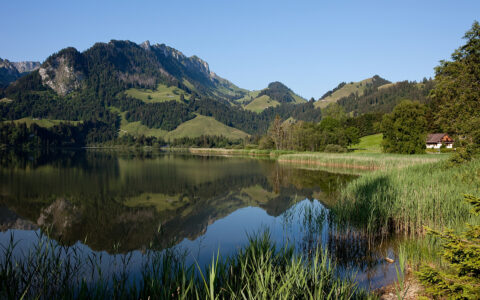 Lac Noir à Schwarzsee entouré par les Préalpes fribourgeoises