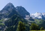 Paysage alpin suisse verdoyant sous un ciel bleu