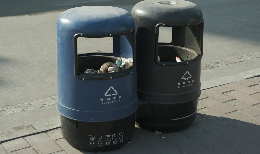 Bacs bleus et noirs alignés le long d’une rue